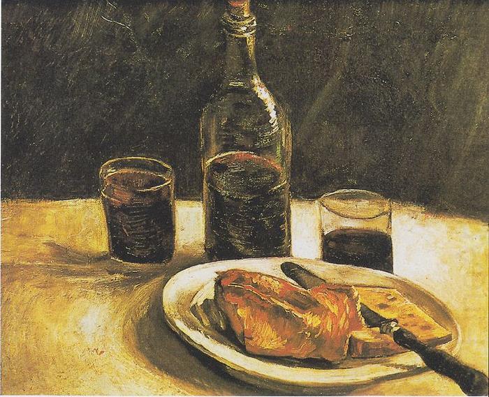Vincent Van Gogh Still life with bottle, two glasses, cheese and bread china oil painting image